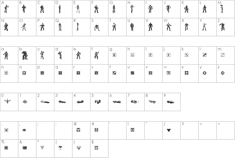 Quake3ArenaBats font character map preview