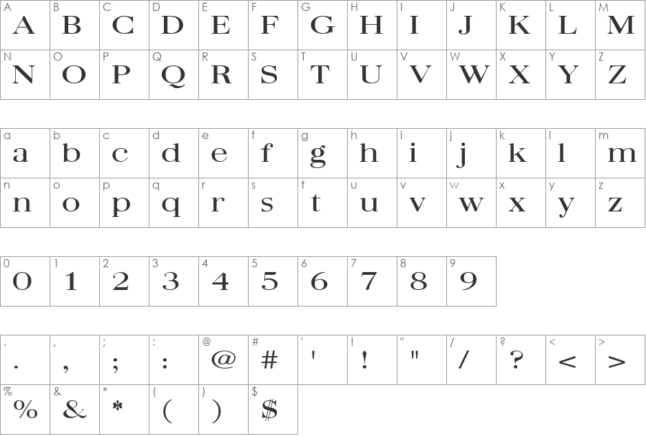 Quantas Broad font character map preview