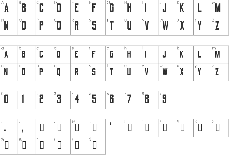 QuarterbackCondensed font character map preview