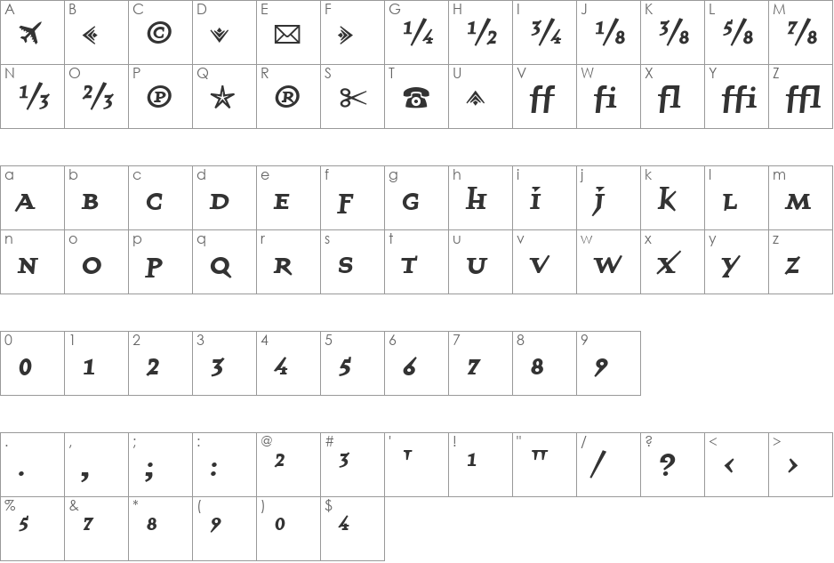 QuartetFractions font character map preview