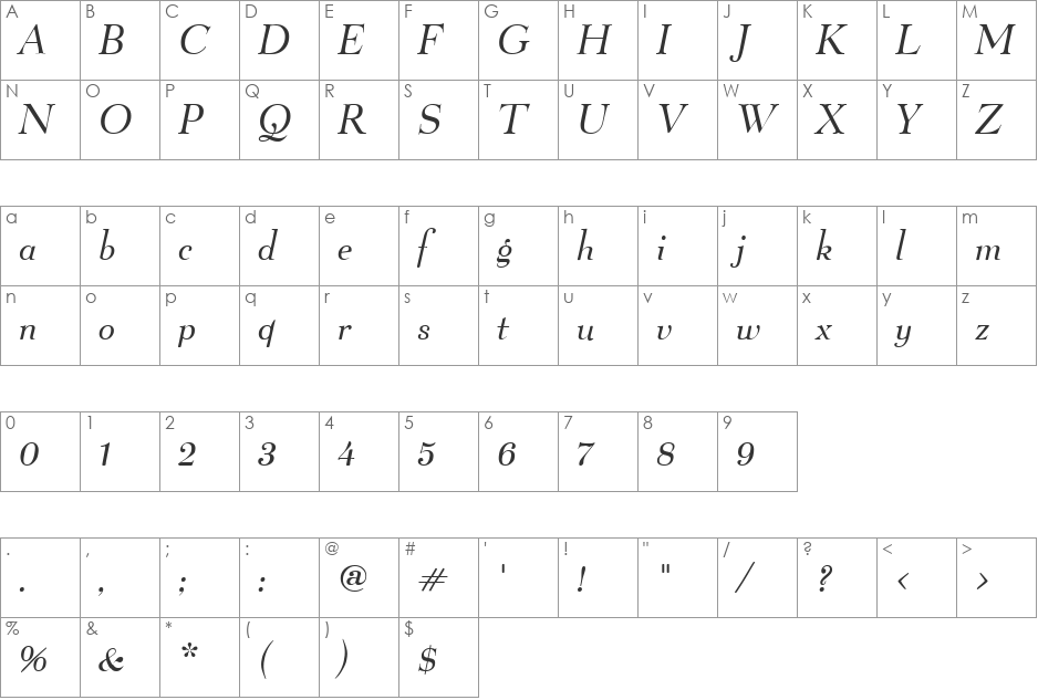 QuartierBookItalic font character map preview