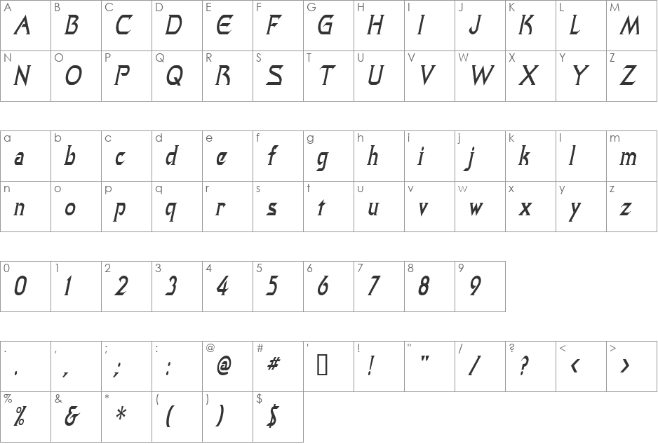 QuasarCondensed font character map preview