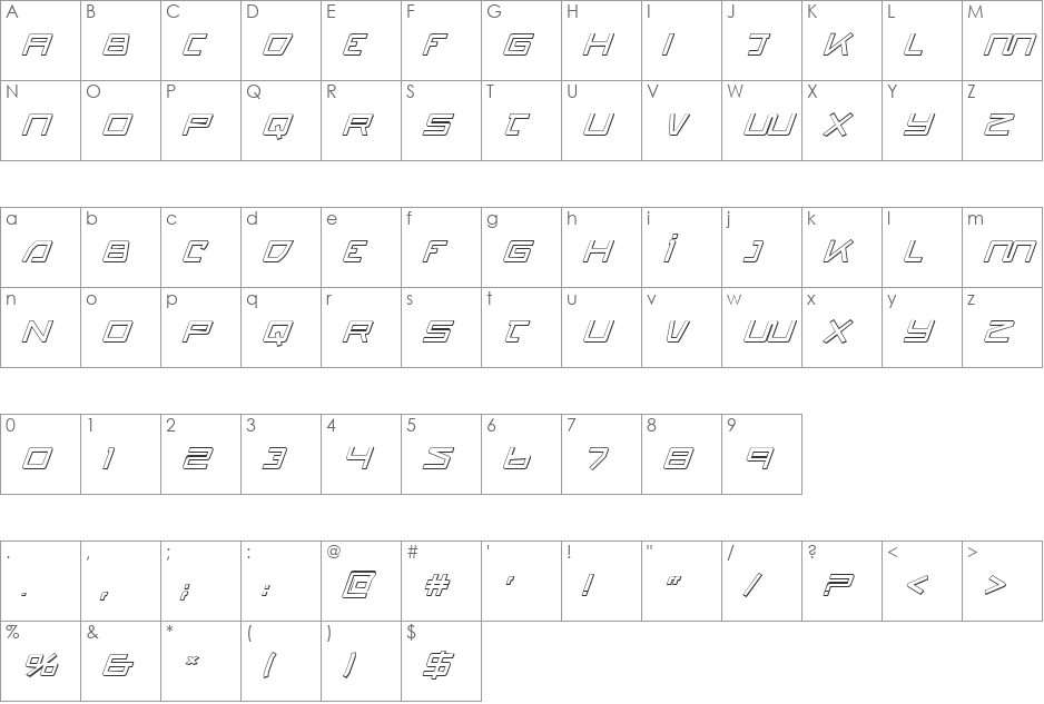 Quasitron 3D Italic font character map preview