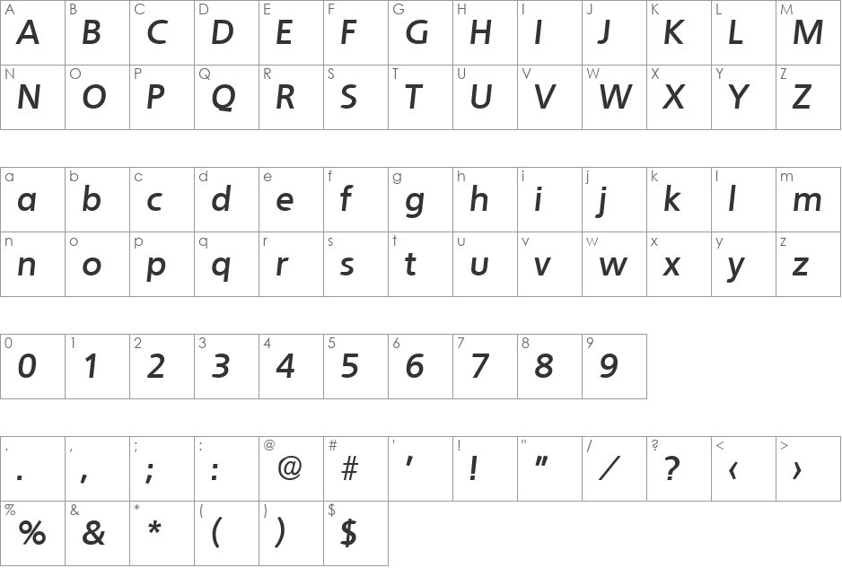 Quebec-DemiBoldIta font character map preview