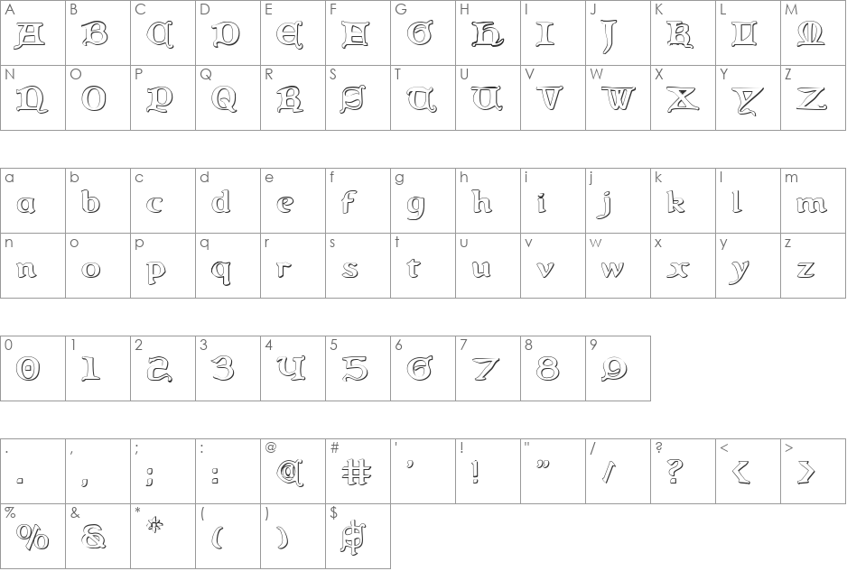 Queen & Country 3D font character map preview