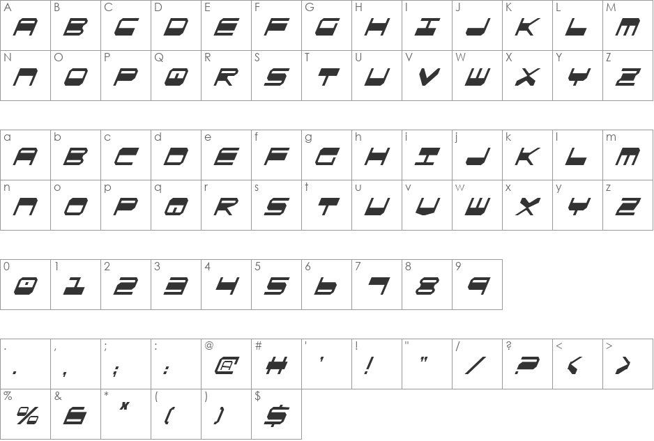QuickGear Condensed Italic font character map preview