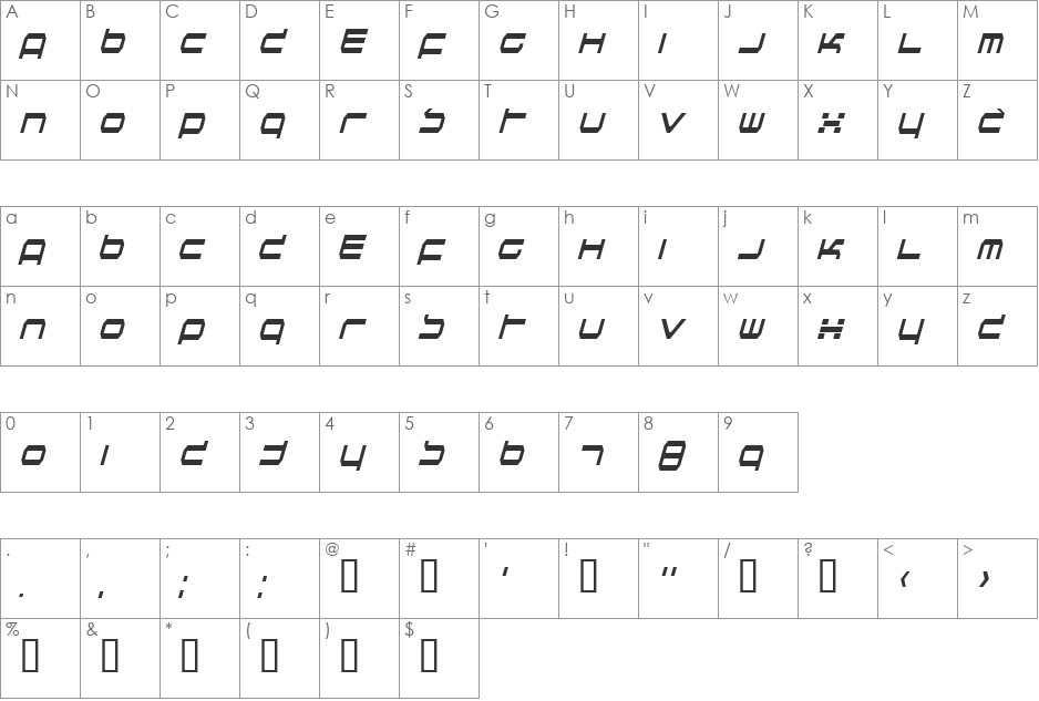 Quickness TT font character map preview