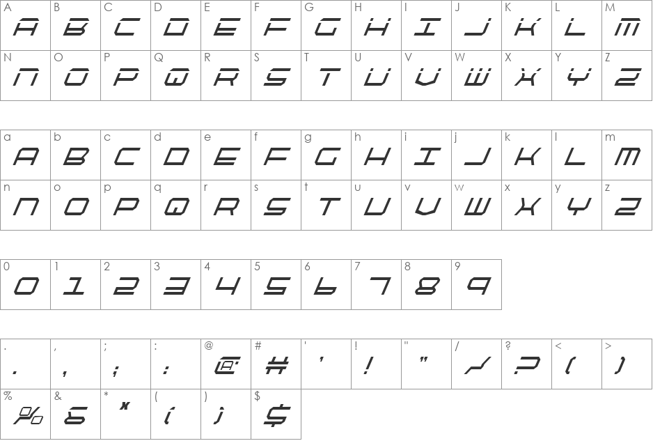 QuickTech Condensed Italic font character map preview