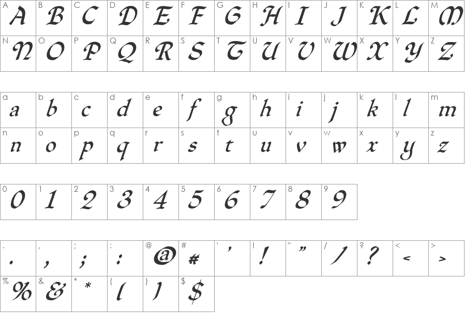 QuillOblique font character map preview