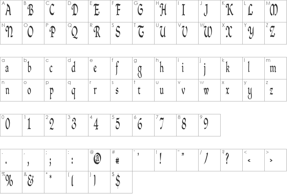 QuillPerpendicularCondensed font character map preview