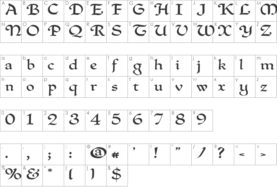 QuillPerpendicularWide font character map preview