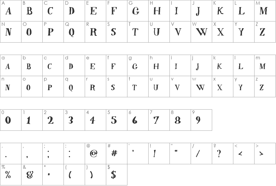 Quincy font character map preview