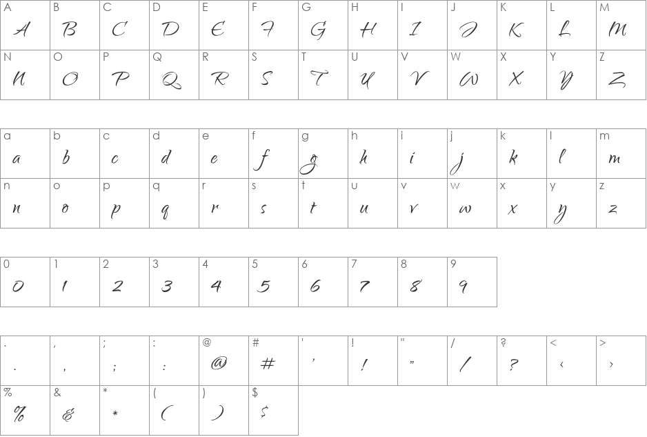 Qwigley font character map preview