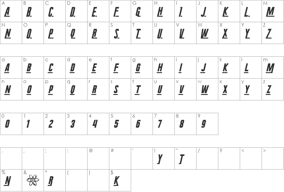 Radium Corp font character map preview