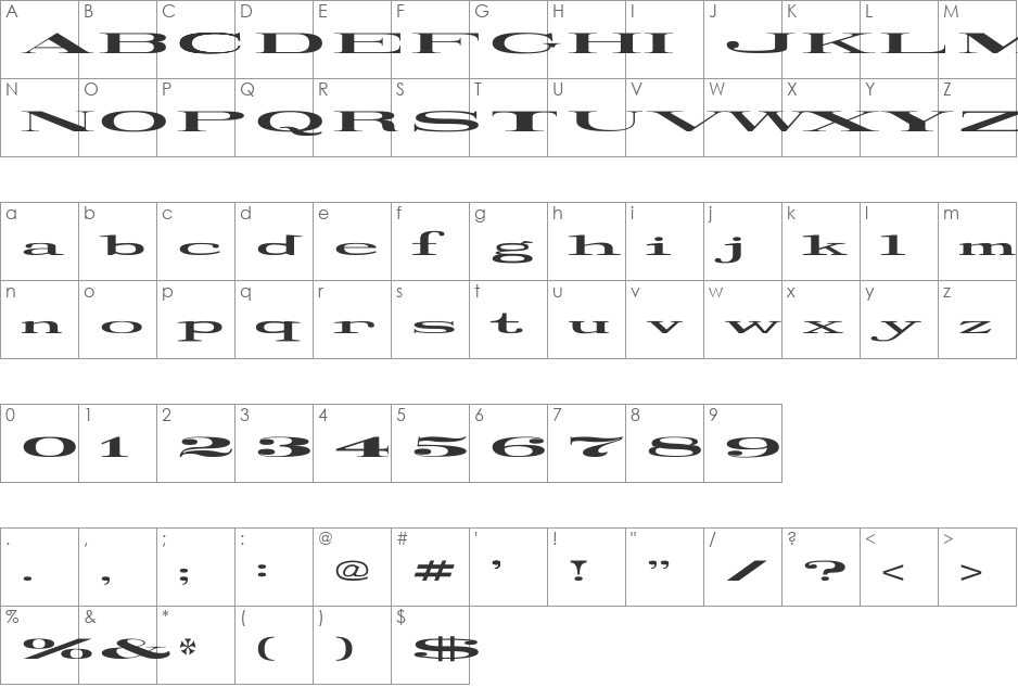 Railroad Roman 1916 Ultra-Expanded font character map preview