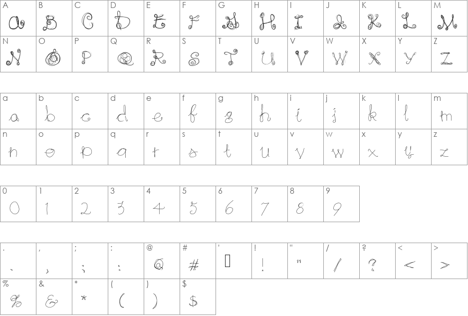 RainingInWhite font character map preview