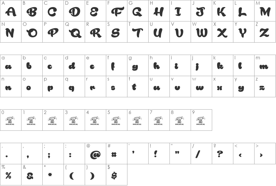 Rakoon Personal Use font character map preview