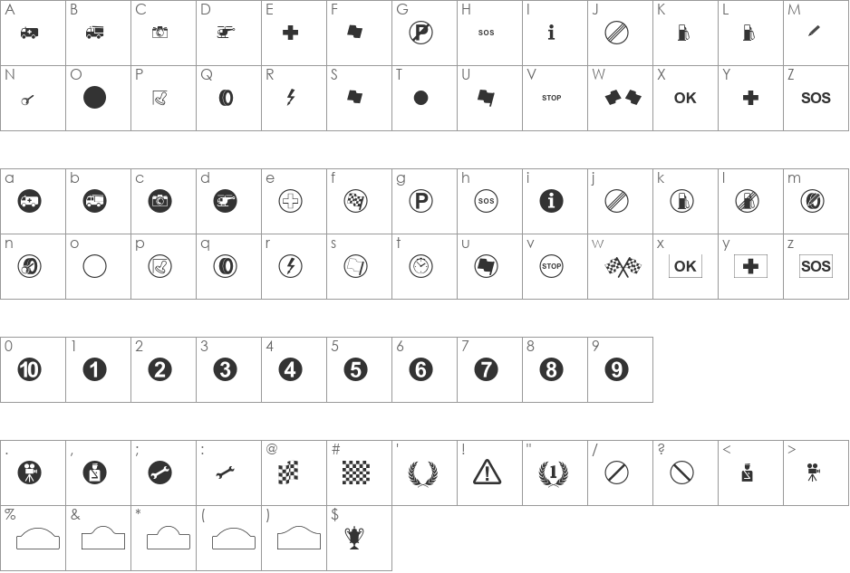 Rally Symbols font character map preview