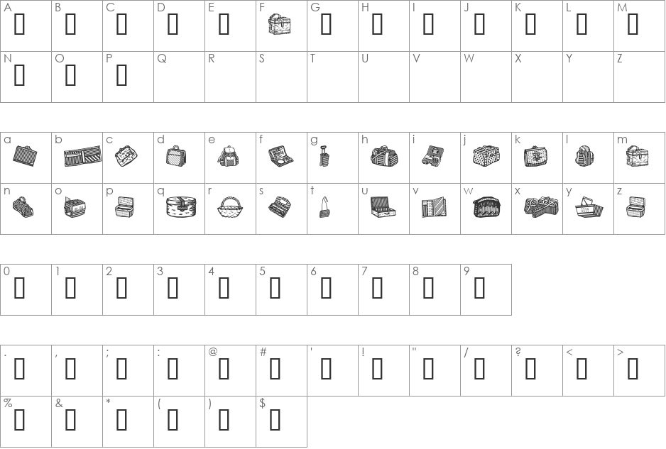 Bags and stuff font character map preview