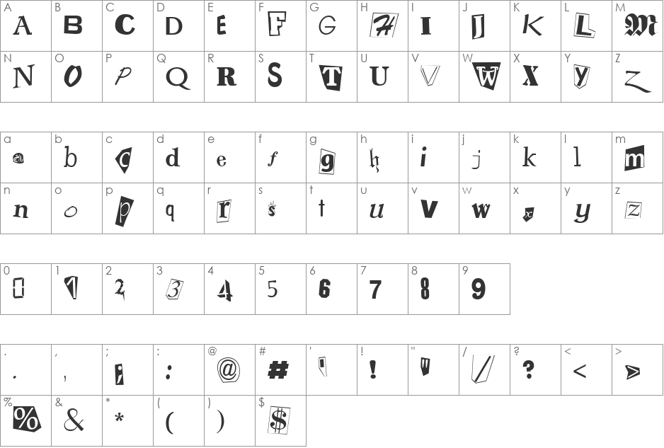 RansomNote font character map preview