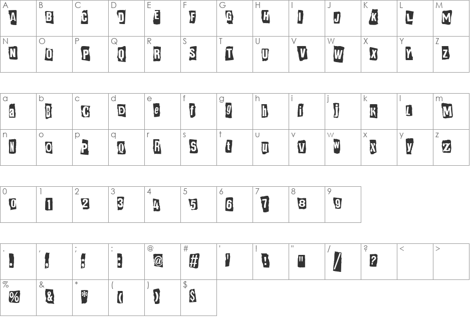 RansomNoteReversed font character map preview