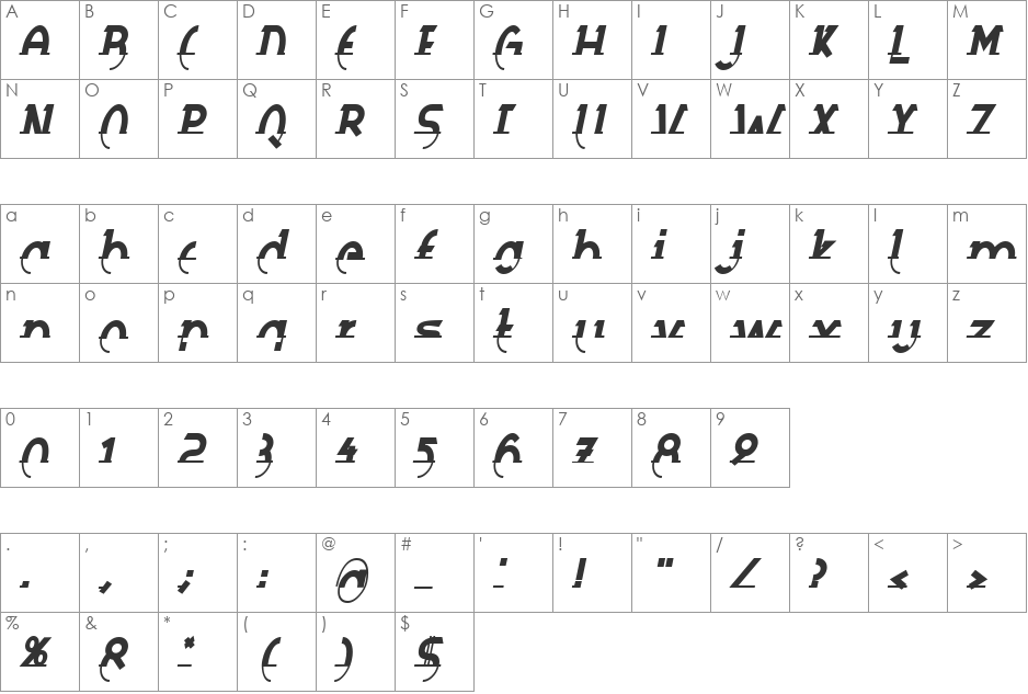 Rapiersoft Becker font character map preview