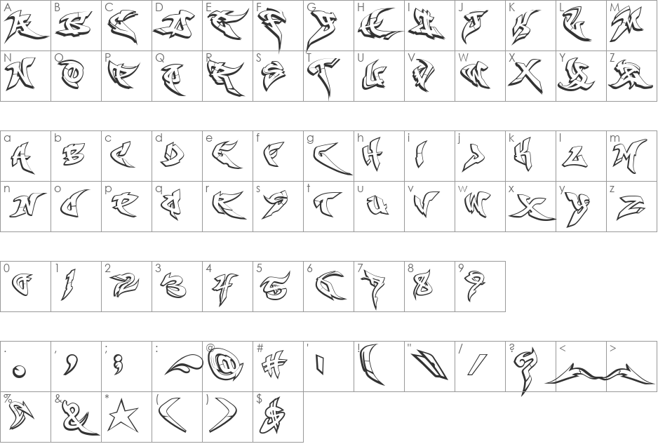 RaseOne font character map preview