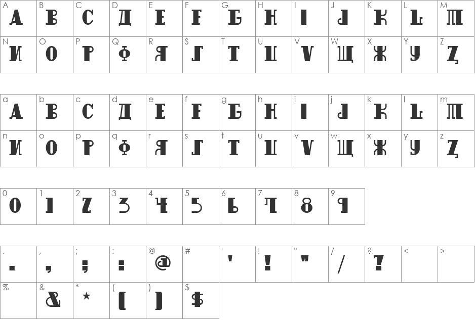RaskalnikovNF font character map preview