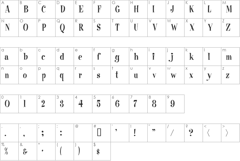 RaskinCondensed font character map preview