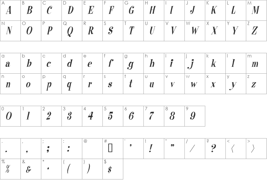 RaskinCondensed font character map preview