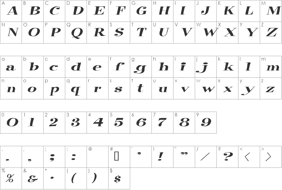 RaskinExtended font character map preview