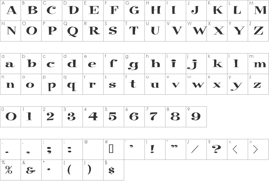 RaskinExtended font character map preview