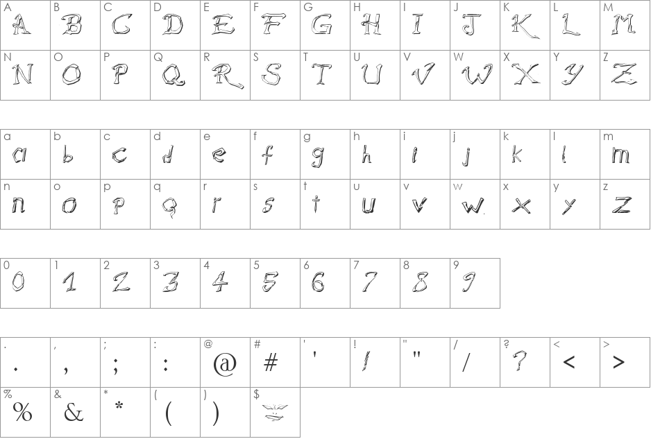 Raslani Destroyedd Souls font character map preview