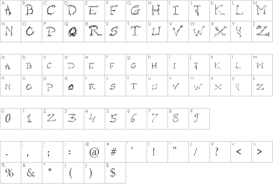 Raslani Horrorz font character map preview