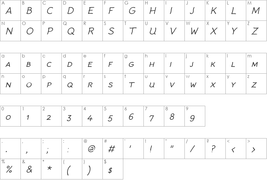 Rattlescript-LightObliCaps font character map preview