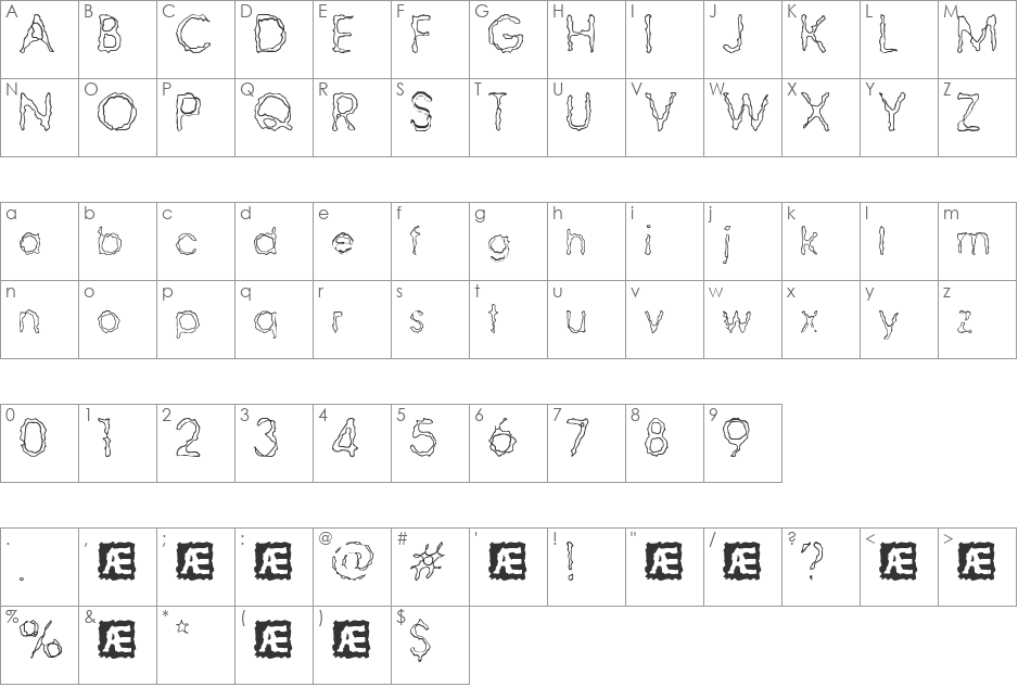 Ravaged By Years BRK font character map preview