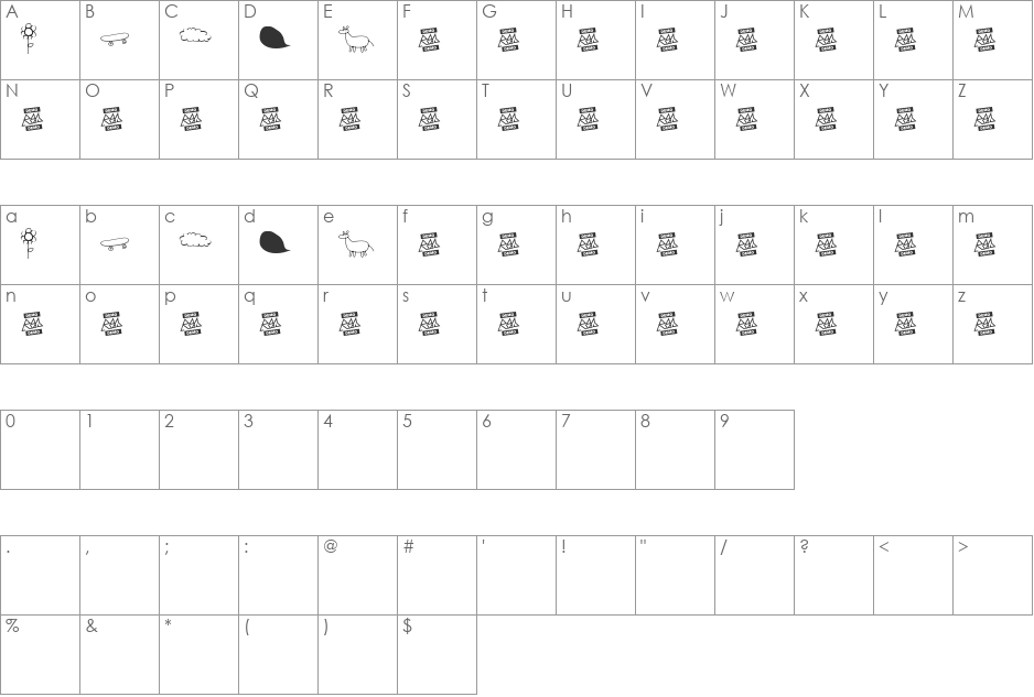 Rayairregular font character map preview