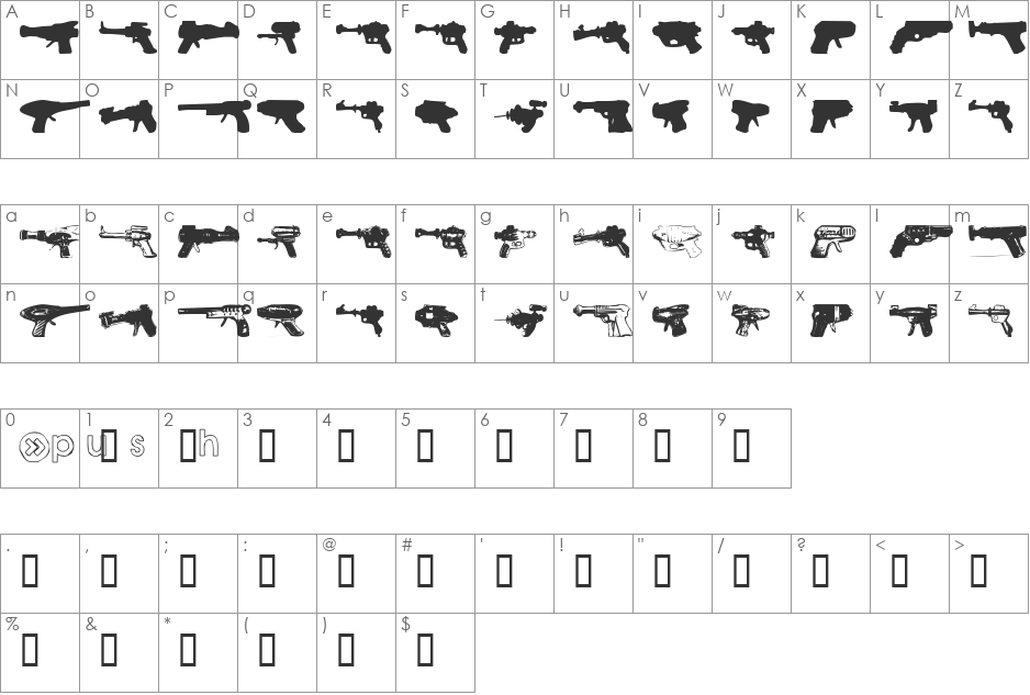 rayguns font character map preview