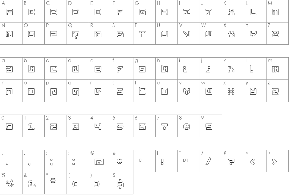 RayzorBlunt Outline font character map preview