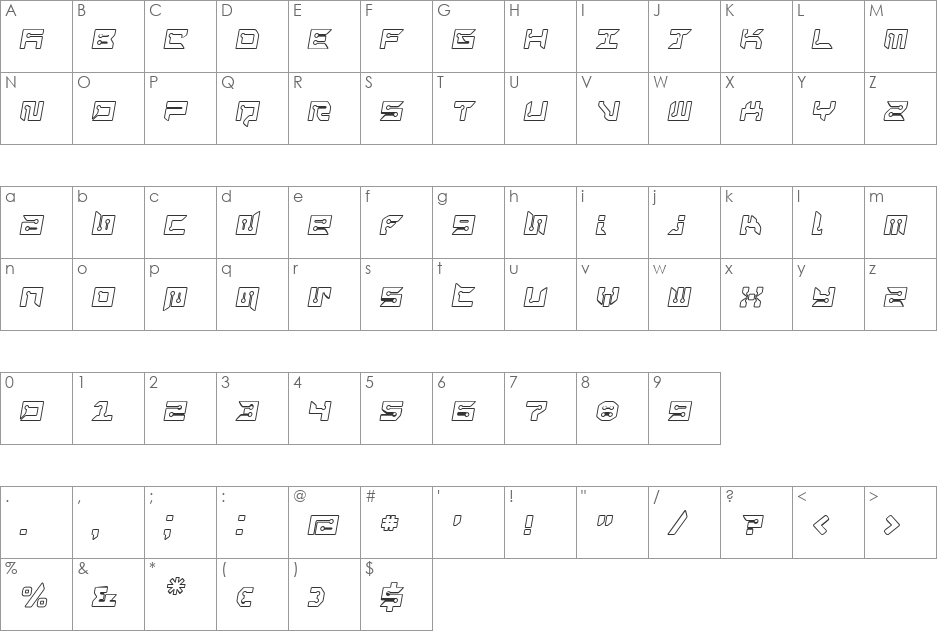 RayzorBlunt Outline Italic font character map preview