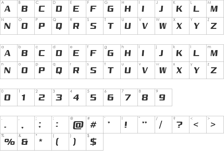 Reality Pursuit NC font character map preview
