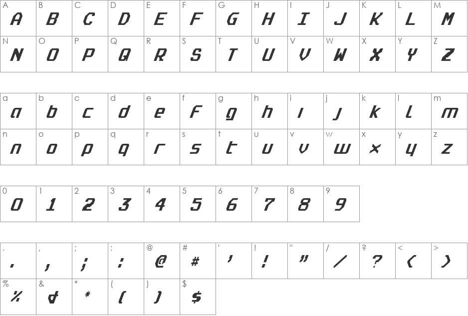 Realpolitik Condensed Italic font character map preview