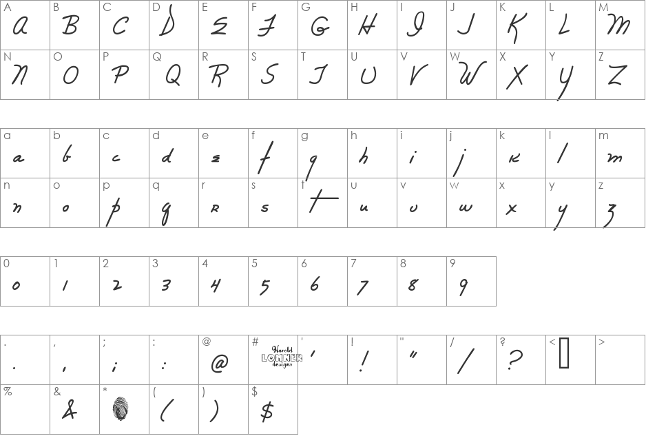 Rebecca font character map preview