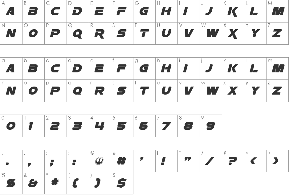 Rebellion font character map preview