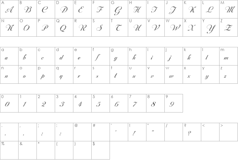 Rechtman plain italic font character map preview