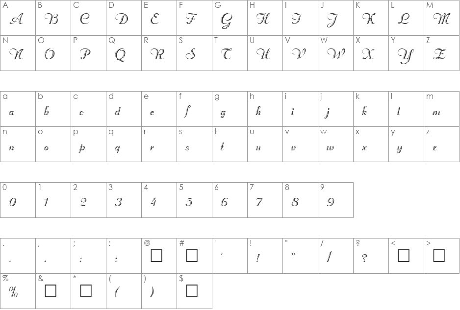 Rechtman-Script font character map preview