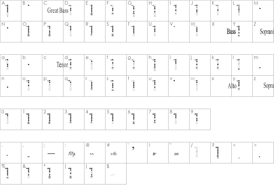 Recorders font character map preview