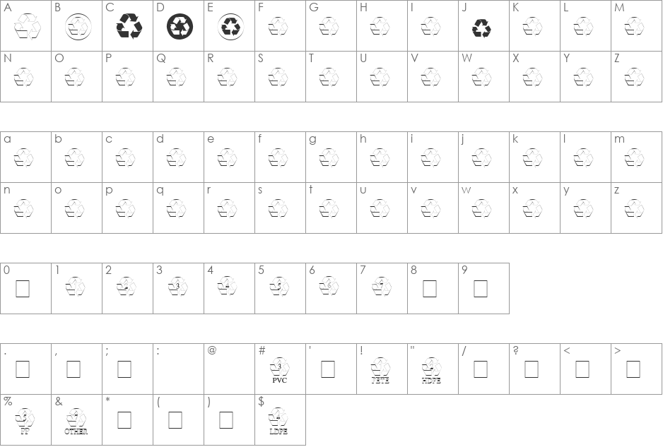 Recycle font character map preview