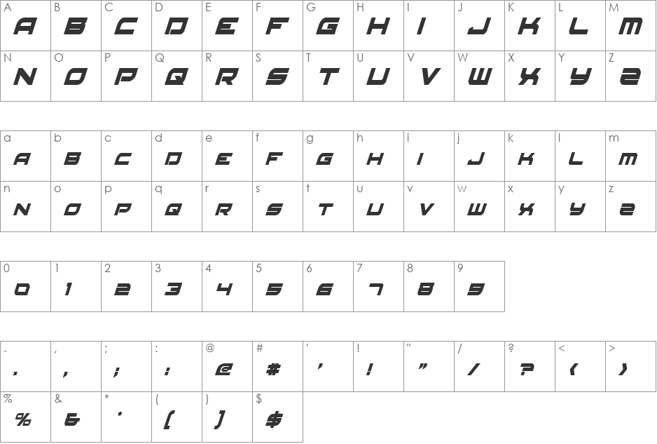 Red Rocket Condensed Italic font character map preview