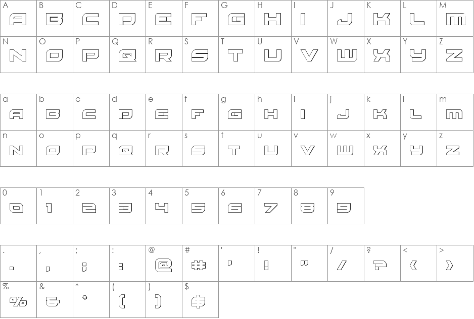 Red Rocket Outline font character map preview